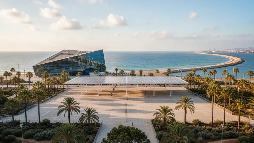 Coastal esplanade and modern seafront architecture at Parc del Fòrum in Barcelona, venue of Primavera Sound festival