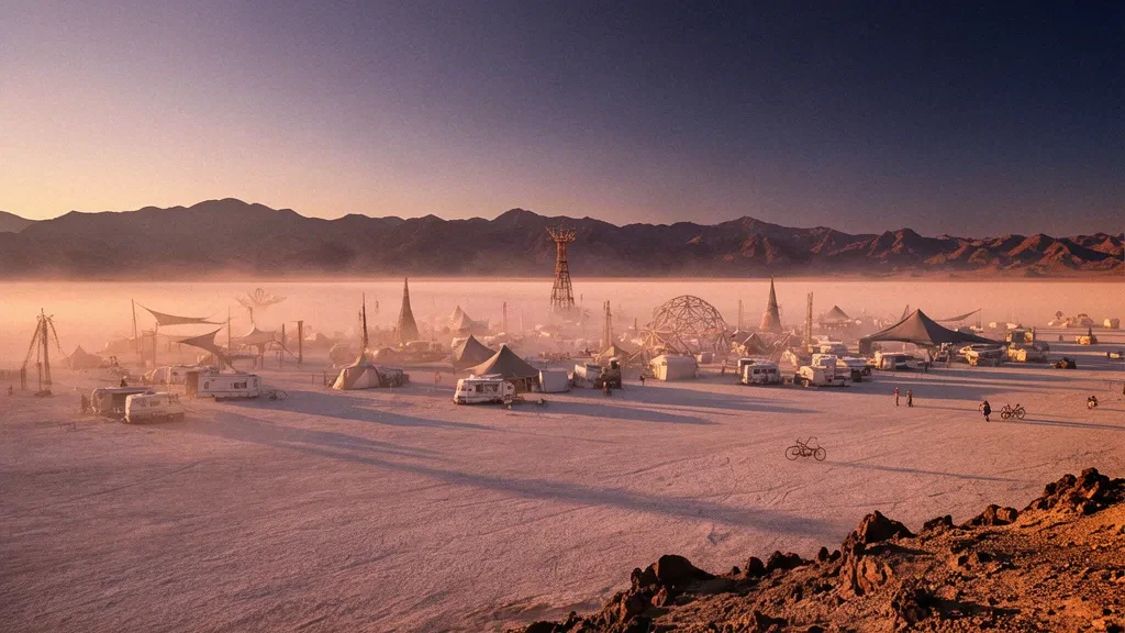 Vast Nevada desert playa at golden hour with a temporary Black Rock City encampment, art towers and distant effigy before Burning Man 2027