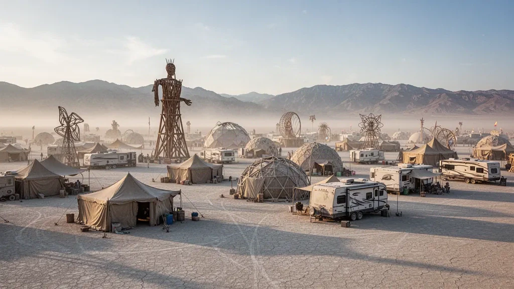 Burning Man 2027 için altın saatte Nevada'nın Black Rock Çölü playa alanında çadırlar, karavanlar ve sanat enstalasyonlarından oluşan geçici çöl şehri