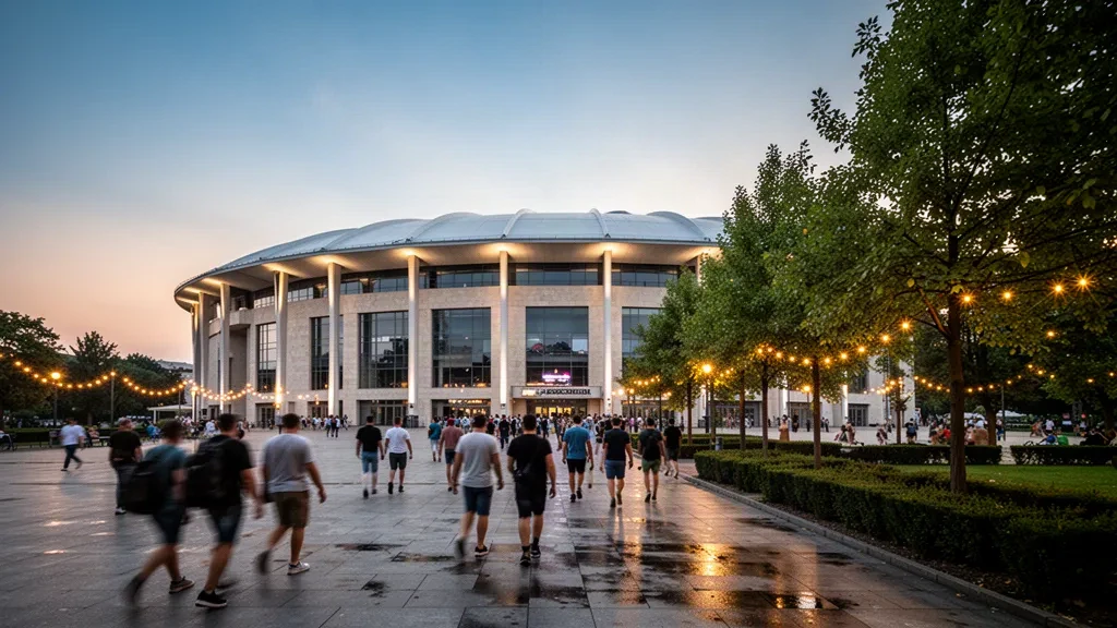 Vue extérieure de la Cluj Arena à Cluj-Napoca, en Roumanie, au crépuscule avant l'UNTOLD Festival, avec des foules se rassemblant à l'extérieur