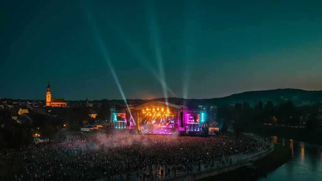 Scène principale illuminée et silhouettes de foule à l'UNTOLD Festival aux abords de la Cluj Arena à Cluj-Napoca, en Roumanie, au crépuscule