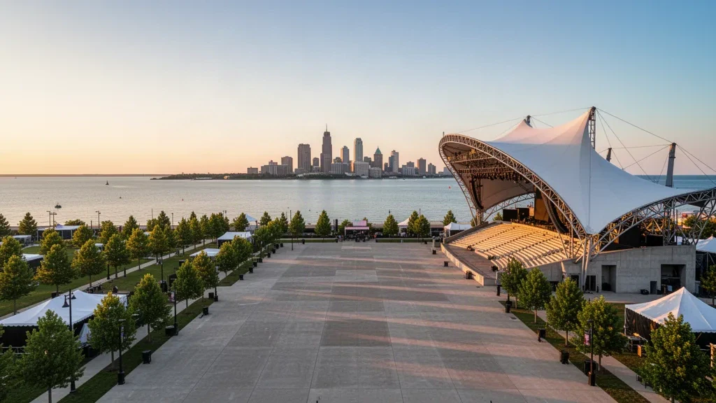Festivalgelände des Summerfest und Freiluft-Amphitheater am Ufer des Lake Michigan in Milwaukee zur goldenen Stunde