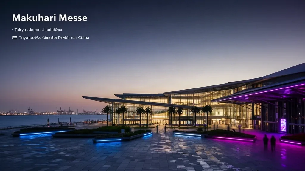 Pabellones de convenciones y plaza de Makuhari Messe en Chiba, Japón al atardecer, iluminados antes del Tokyo Game Show 2027 cerca de la bahía de Tokio