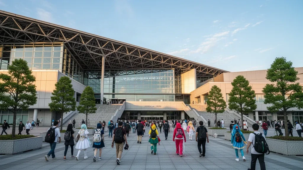 Foules se rassemblant devant le centre de congrès Makuhari Messe à Chiba pour le Tokyo Game Show 2027 dans une lumière chaude d'après-midi