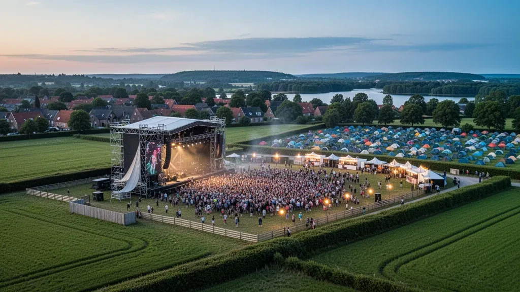 Vista amplia del recinto del Festival de Roskilde en Selandia, Dinamarca, con escenarios al aire libre, tiendas de campaña y multitudes bajo una cálida luz de atardecer.