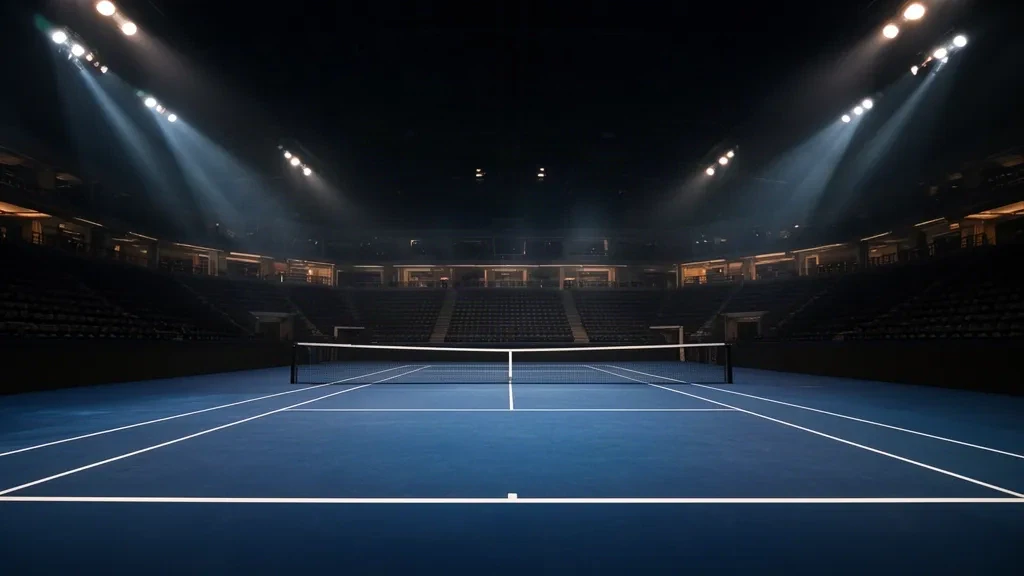 Leerer blauer Hartplatz in einer hell erleuchteten Wiener Arena, vorbereitet für das Hallenturnier Vienna Open