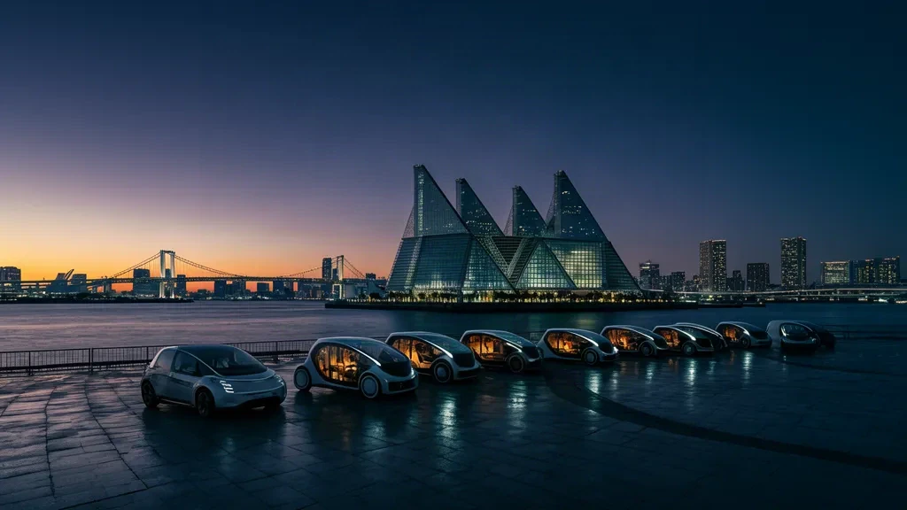Centro de convenciones Tokyo Big Sight al atardecer con el horizonte de la bahía de Tokio, escenario del Japan Mobility Show 2027 en Tokio