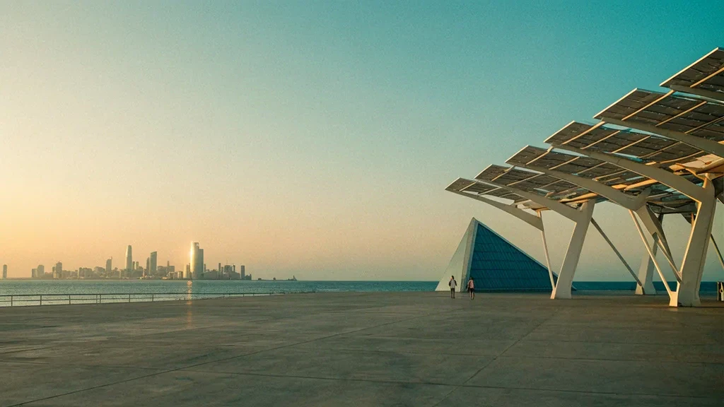 Hora dorada sobre el frente marítimo del Parc del Fòrum de Barcelona, sede del Primavera Sound, con su museo azul y su pérgola solar junto al Mediterráneo.