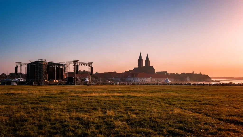 Altın saatte Roskilde Fjord kıyısındaki Roskilde Festival 2027 alanı; katedral kuleleri ve uzakta festival sahnesi siluetleri