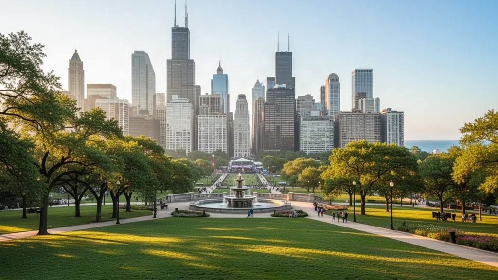 Grant Park a Chicago con lo skyline del centro all'ora d'oro, i prati aperti e la piazza con fontana dove si svolge il Lollapalooza Chicago 2027