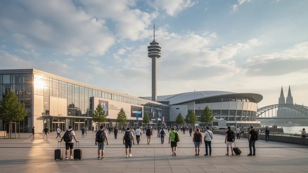 Exterior view of the Koelnmesse exhibition halls in Cologne, Germany, host venue of Gamescom 2027 in North Rhine-Westphalia.