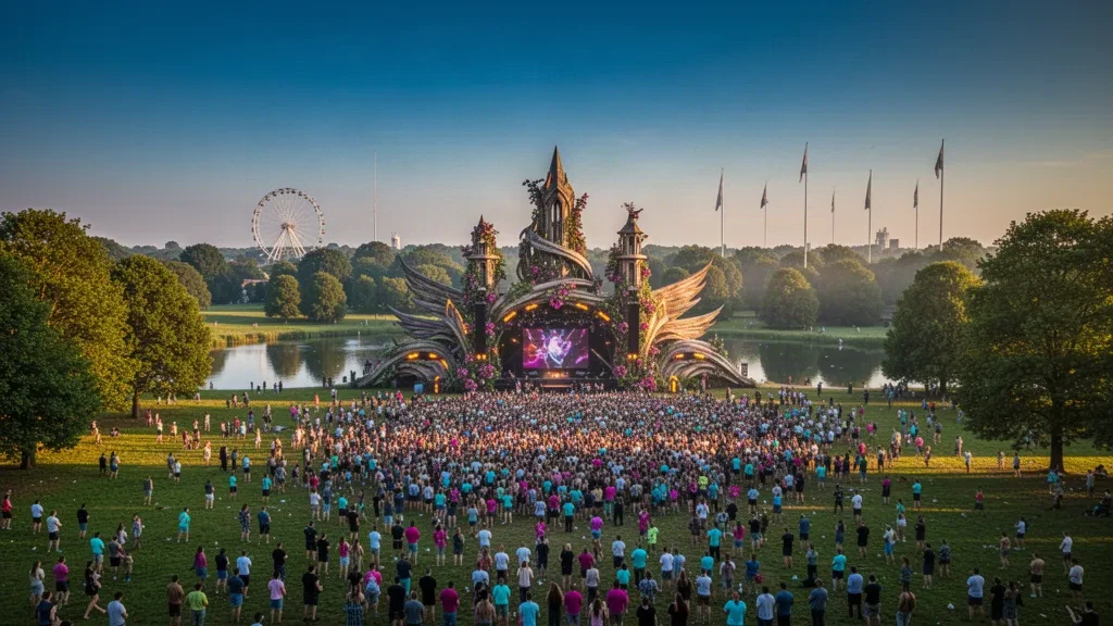 Recinto de festival al aire libre cerca de Amberes, Bélgica, con un gran escenario al aire libre, un lago y multitudes a la hora dorada para Tomorrowland Bélgica 2027