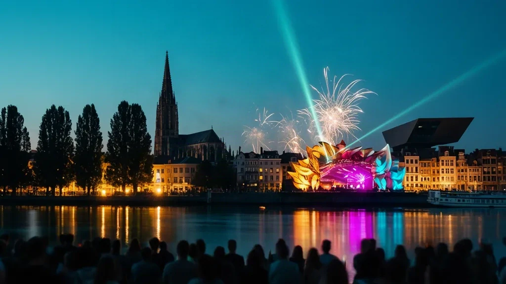 Horizonte de Amberes al atardecer con luces de festival brillando a lo largo del Escalda para Tomorrowland Bélgica 2027