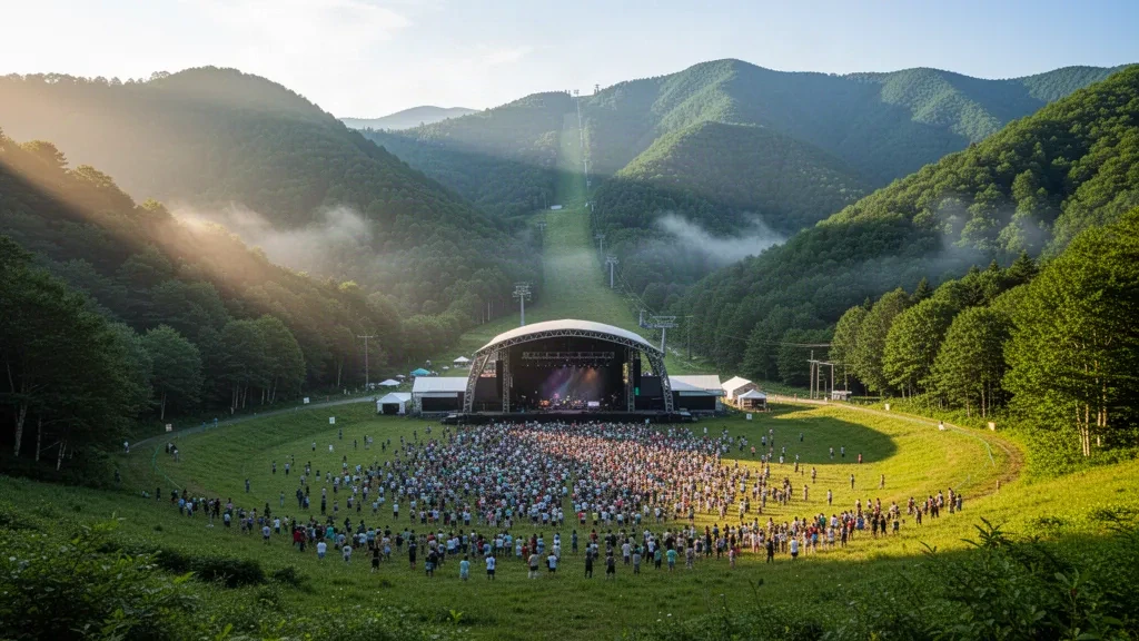 Menschenmenge vor der Hauptbühne beim Fuji Rock Festival in Naeba, Niigata, umgeben von grünen bewaldeten Bergen im warmen Abendlicht