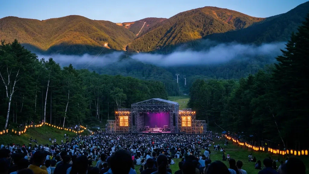 Folla del Fuji Rock Festival sui verdi pendii montani del Naeba Ski Resort a Niigata, Giappone, con valle boscosa e palchi illuminati al crepuscolo