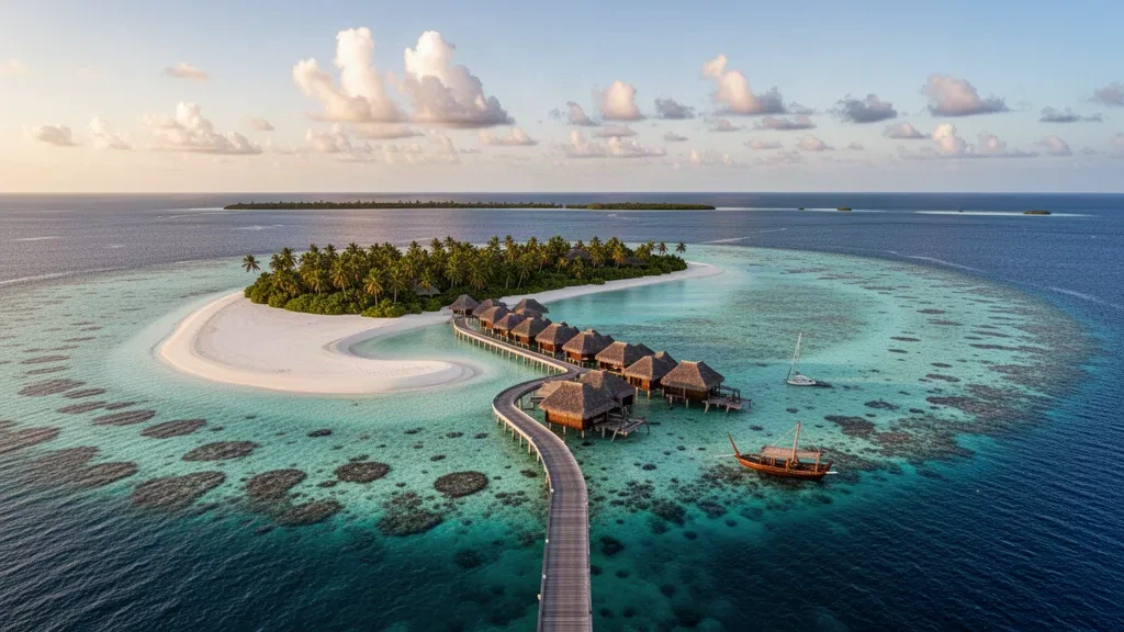 Villas sur pilotis dans un lagon turquoise d'un atoll des Maldives avec sable blanc, bancs de corail et cocotiers sous une lumière tropicale