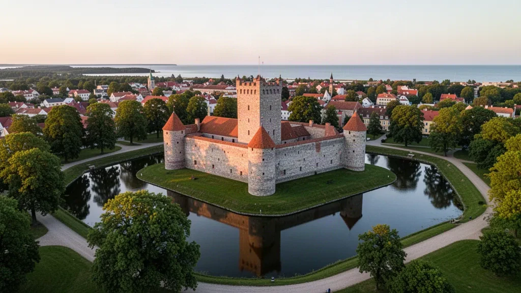 Bischofsburg von Kuressaare und ihr Burggraben, umgeben von grünen Parkanlagen in Saaremaa, Estland, in warmem Abendlicht