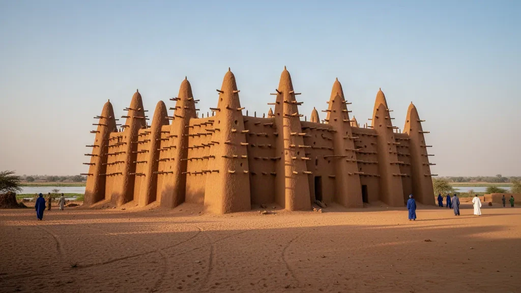 Mali'deki Djenné Ulu Camii altın saatte, kerpiç kuleleri ve toron kirişleri Sahel ovasının üzerinde yükseliyor