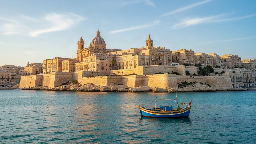 Vue à l'heure dorée du Grand Harbour de Valletta à Malte, fortifications en calcaire couleur miel et luzzu traditionnel sur les eaux calmes et bleues de la Méditerranée
