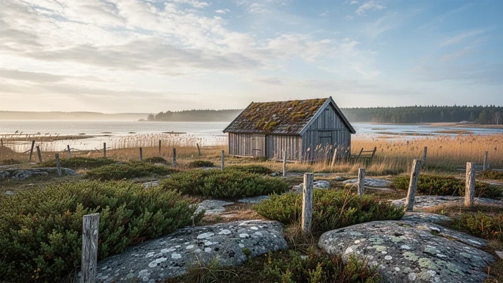 Prato di ginepri, affioramenti calcarei e la calma costa del Mar Baltico sull'isola di Vormsi in Estonia sotto una morbida luce dorata nordica