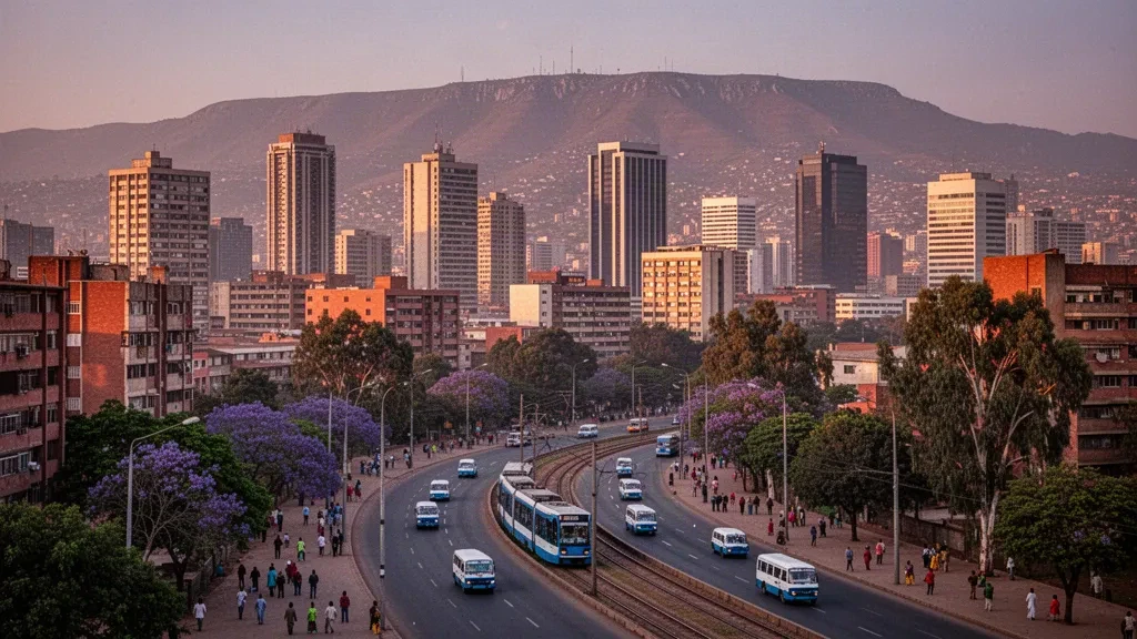 Horizonte de Adís Abeba a la hora dorada con los rascacielos de Bole, un tranvía de tren ligero en una avenida concurrida y las brumosas montañas de Entoto al fondo