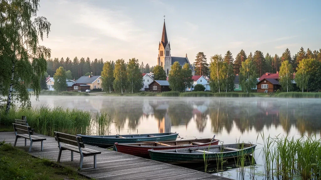 Vue d'une soirée d'été sur le lac Tamula vers Võru, en Estonie, avec la promenade au bord du lac et le clocher de l'église Sainte-Catherine