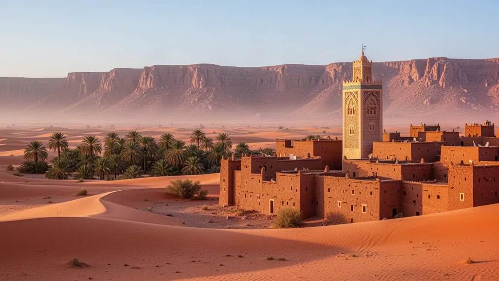 Altes steinernes Minarett und Ksar-Gebäude von Chinguetti, Mauretanien, die zur goldenen Stunde über Sahara-Sanddünen aufragen