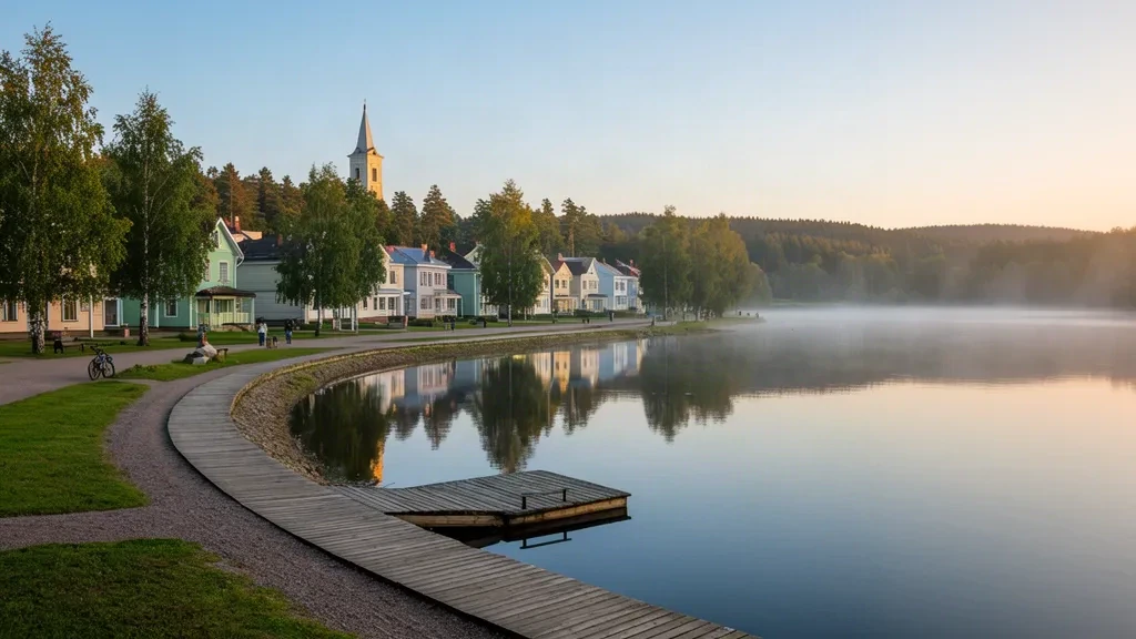Lake Tamula promenade and Võru skyline with St Catherine's Church tower at golden hour in southern Estonia