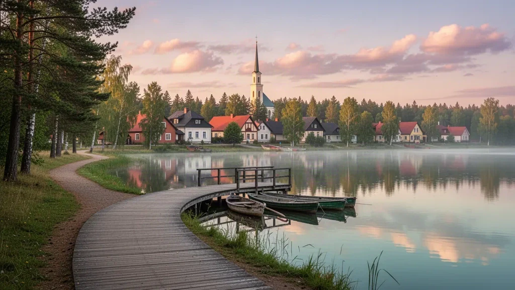 Calma serata estiva sulla passeggiata del lago Tamula a Võru, Estonia, con un molo di legno, barche e la guglia di una chiesa