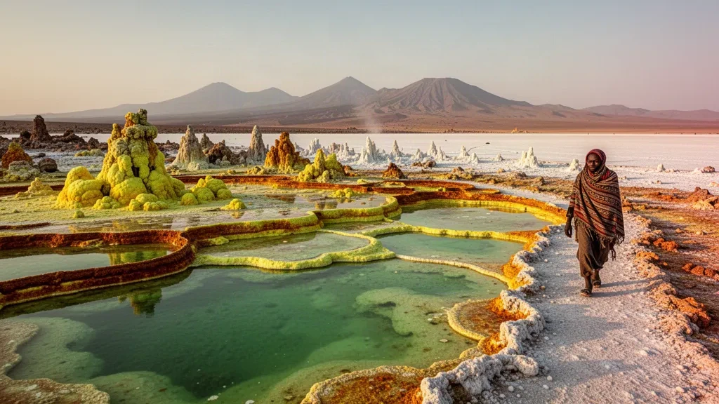 Terrasses de soufre et bassins acides du champ hydrothermal de Dallol dans la dépression du Danakil, région Afar, Éthiopie