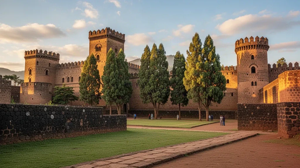 Anciens châteaux et tours en pierre de Fasil Ghebbi à Gondar, en Éthiopie, baignés d'une lumière dorée au coucher du soleil parmi les arbres verts des hauts plateaux