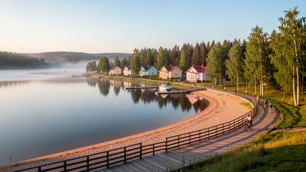 Plage du lac Tamula et promenade en bois à Võru, en Estonie, baignées dans une chaude lumière estivale en soirée