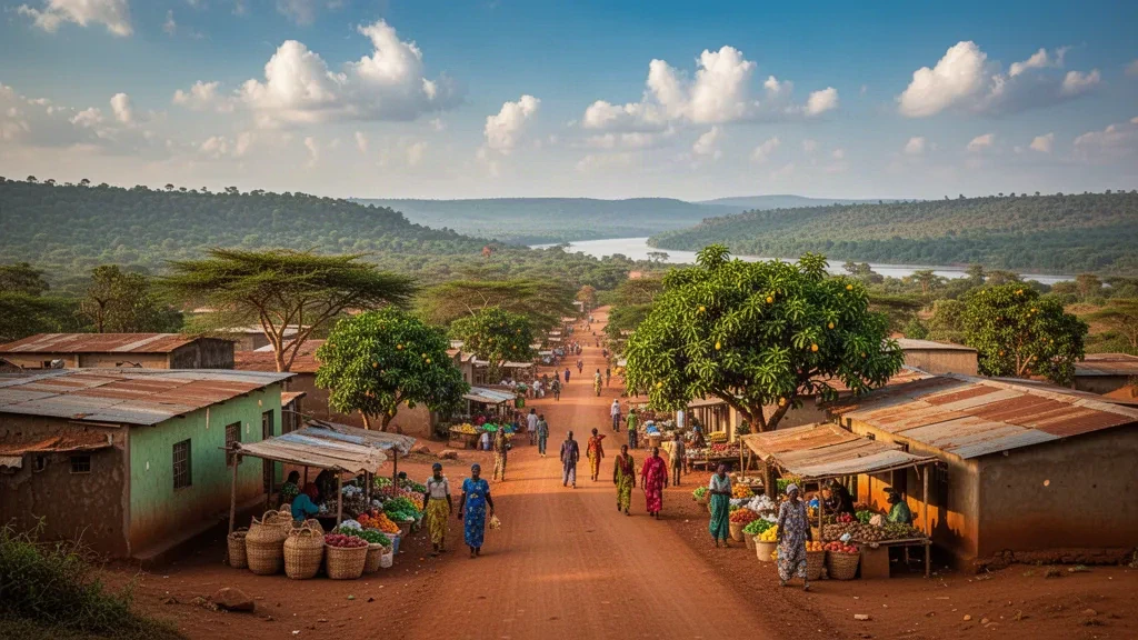 Panoramablick auf Assosa, die Hauptstadt der äthiopischen Region Benishangul-Gumuz, mit grüner Savanne, niedrigen Gebäuden und fernen Hügeln zur goldenen Stunde