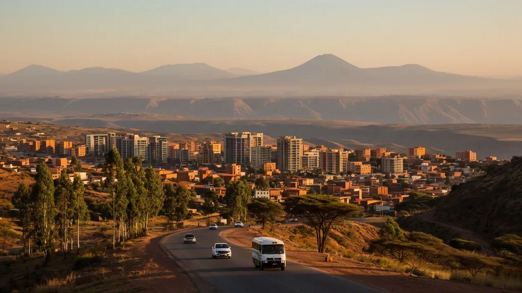 Vue à l'heure dorée sur Adama, Oromia, Éthiopie, montrant les toits de la ville de la vallée du Rift, des acacias et l'autoroute Addis-Abeba-Adama.