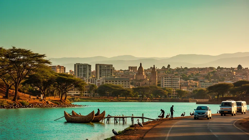 Blick zur goldenen Stunde über den Hawassa-See in der Sidama-Region in Äthiopien, mit Schilfbooten zum Fischen, Akazienbäumen und der Skyline der Stadt entlang der Uferpromenade.