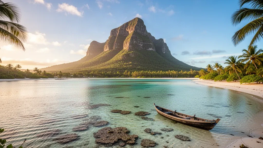 Le Morne Brabant mountain rising above a turquoise lagoon and white sand beach in Mauritius under warm morning light