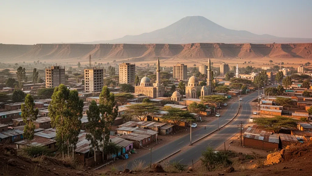 Veduta dell'ora d'oro su Adama, Oromia, Etiopia, con lo skyline della città e la scarpata della Rift Valley
