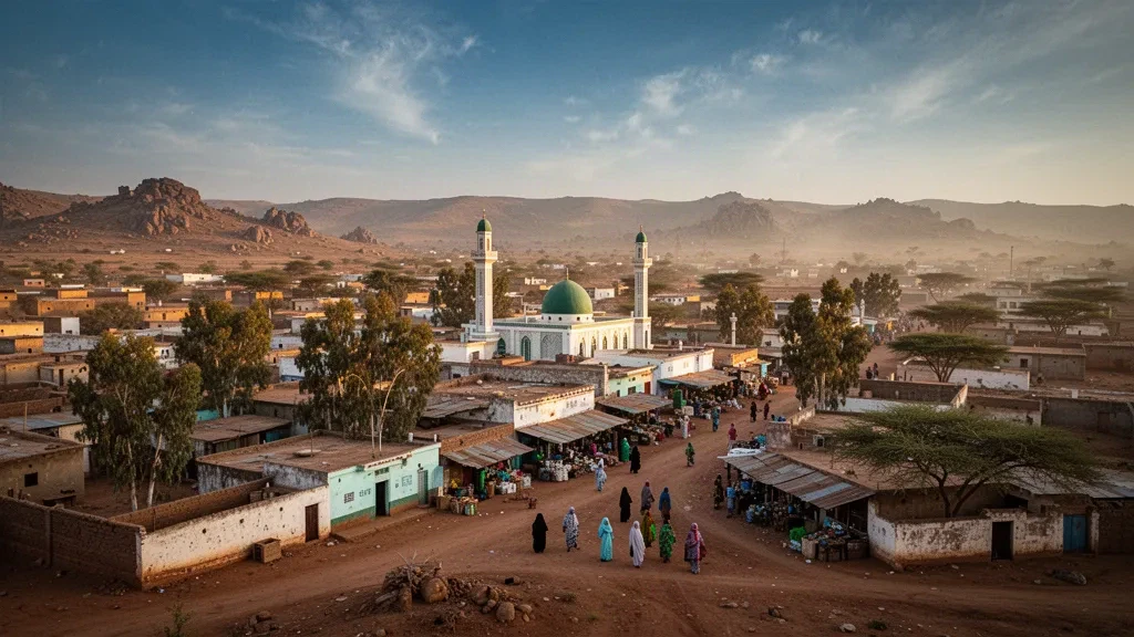 Paysage urbain de Jigjiga à l'heure dorée, capitale de la région Somali d'Éthiopie, avec des minarets de mosquée au-dessus de toits blanchis à la chaux et de collines sèches à l'horizon