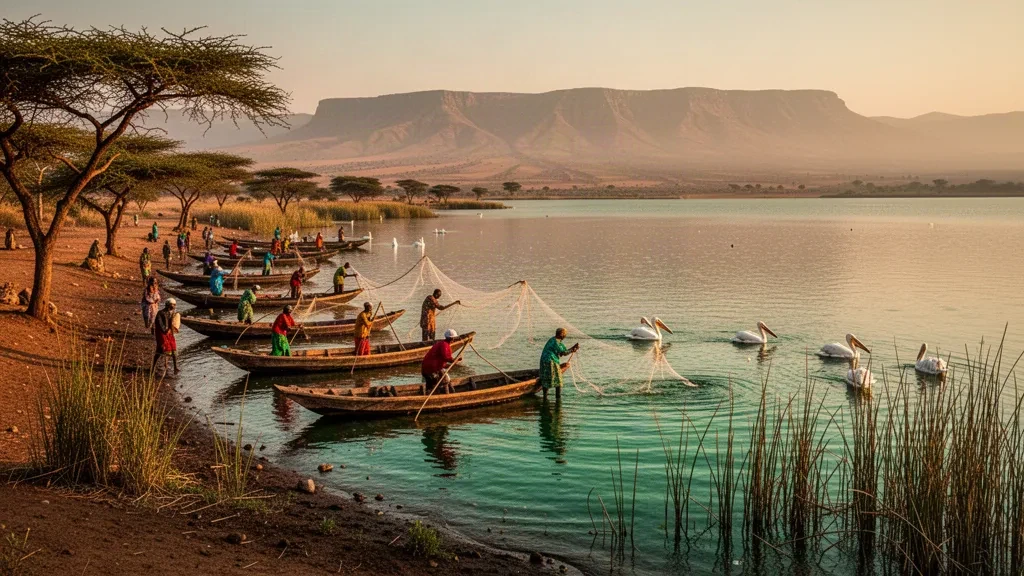 Barche da pesca tradizionali e pescatori sul lago Hawassa a Sidama, Etiopia, all'ora d'oro con montagne e pellicani.