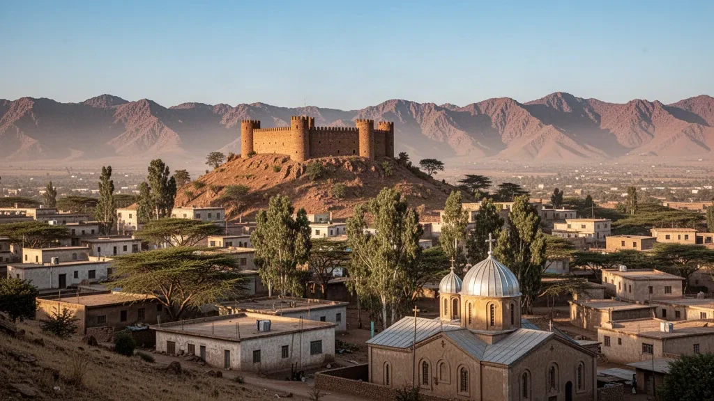 Hilltop stone palace and highland cityscape of Mekelle, Tigray, Ethiopia, in warm golden-hour light