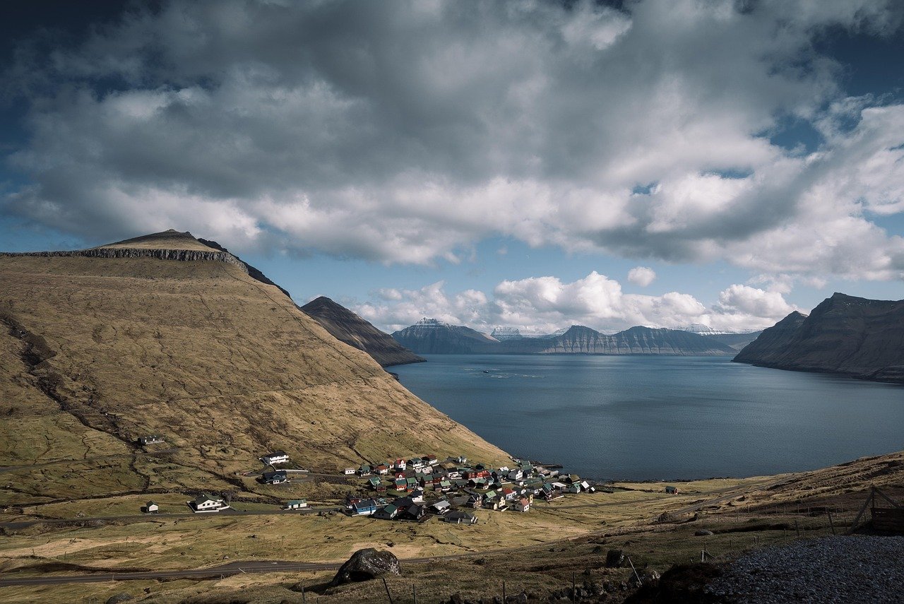 sea, ocean, rocks, faroe islands, clouds, travel, houses, nature, city