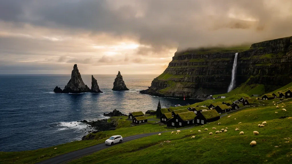 Bøur village, green slopes and Tindhólmur sea stacks on Vágar in the Faroe Islands under soft Atlantic light