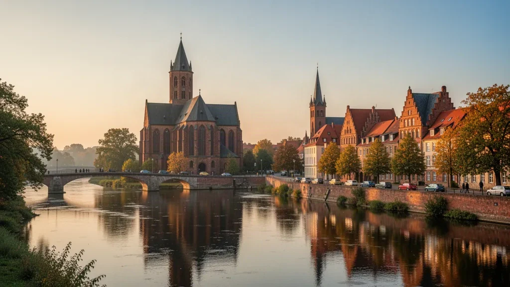 Brandenburg an der Havel zur goldenen Stunde, mit dem backsteingotischen Dom und der Altstadtsilhouette, die sich in der Havel spiegeln