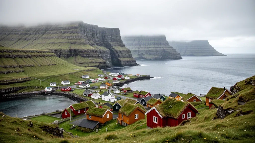 Suðuroy, Faroe Adaları'nda dik yeşil yamaçlar ve deniz kayalıkları altındaki dar bir fiyortta çim çatılı köy, yumuşak kapalı hava ışığında