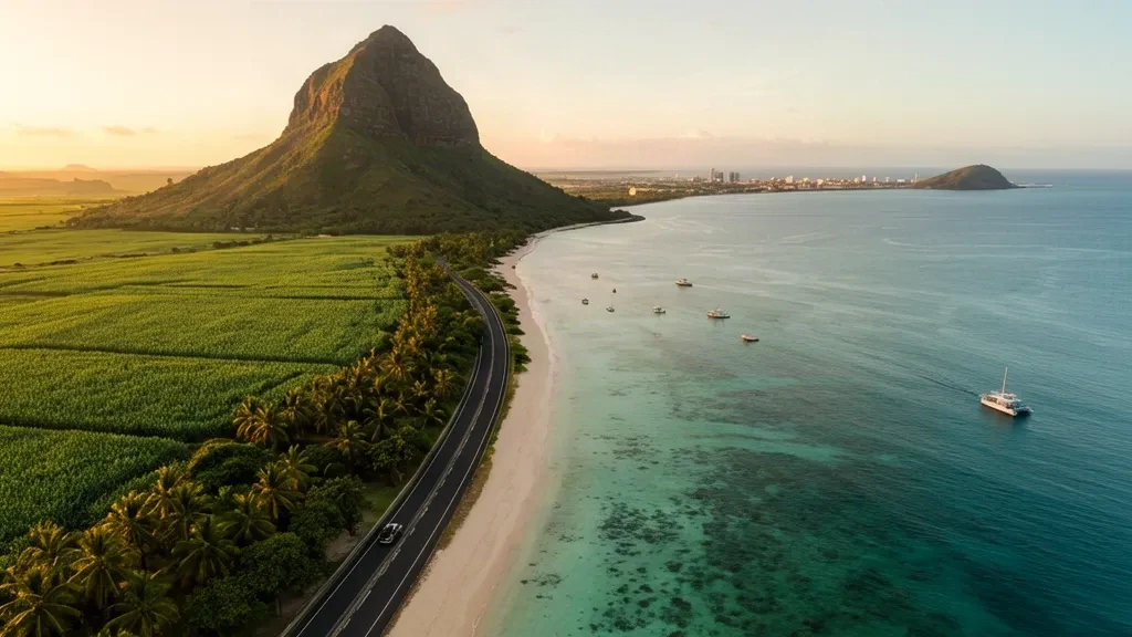 Veduta aerea di Le Morne Brabant che si erge sopra la laguna turchese e la strada costiera a Mauritius durante l'ora d'oro