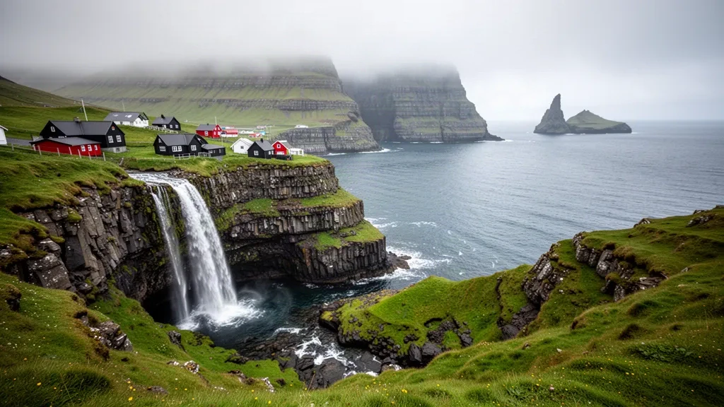 La Cascata Múlafossur che precipita dalle scogliere verdi nel mare accanto al villaggio di Gásadalur su Vágar, Isole Fær Øer, nella soffusa luce nordica nebbiosa