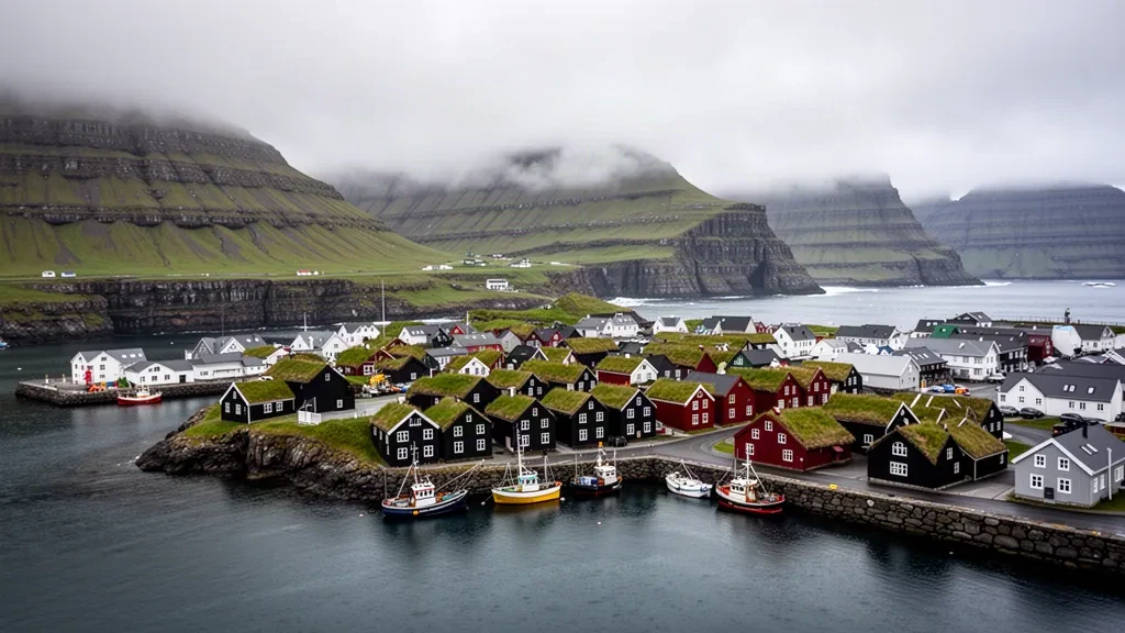 Mit Torf gedeckte Holzhäuser auf der Halbinsel Tinganes in Tórshavn, Streymoy, Färöer-Inseln, mit Booten im Hafen und grünen Bergen im Hintergrund