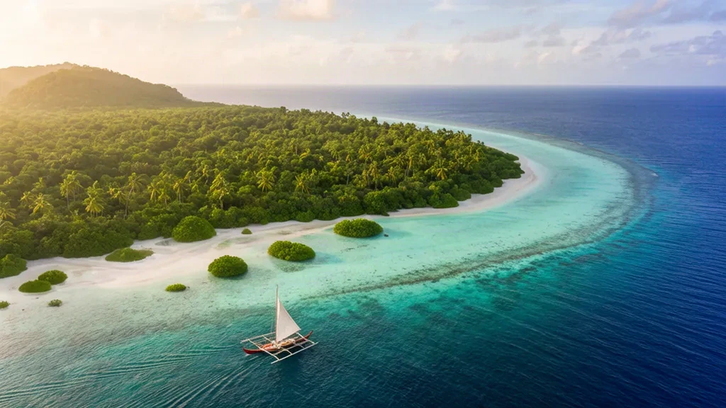 Aerial view of a Micronesian atoll with a turquoise lagoon, coral reef and palm-covered islets under warm afternoon light in the Pacific.