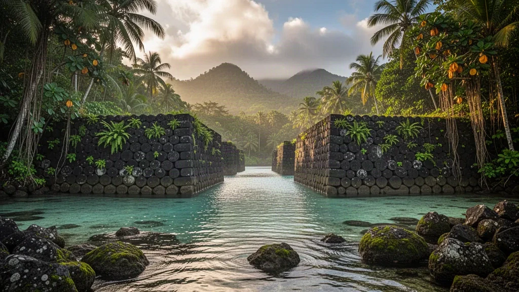 Ancient basalt ruins of Nan Madol in Pohnpei, Micronesia, rising from turquoise lagoon water amid dense tropical jungle