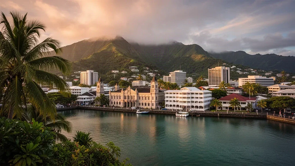Vue à l'heure dorée du port de Suva et des gratte-ciel du front de mer dans la Division centrale des Fidji, encadrés par des palmiers tropicaux et des collines verdoyantes